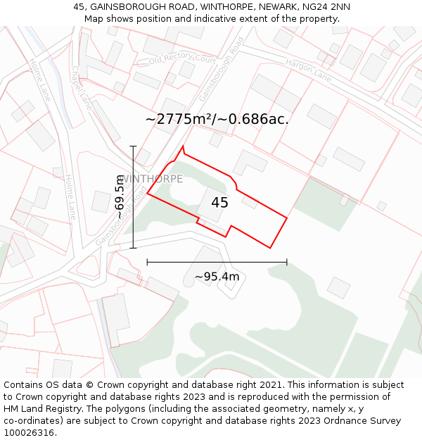 45, GAINSBOROUGH ROAD, WINTHORPE, NEWARK, NG24 2NN: Plot and title map