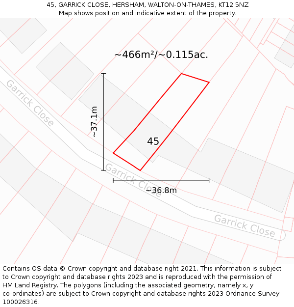 45, GARRICK CLOSE, HERSHAM, WALTON-ON-THAMES, KT12 5NZ: Plot and title map