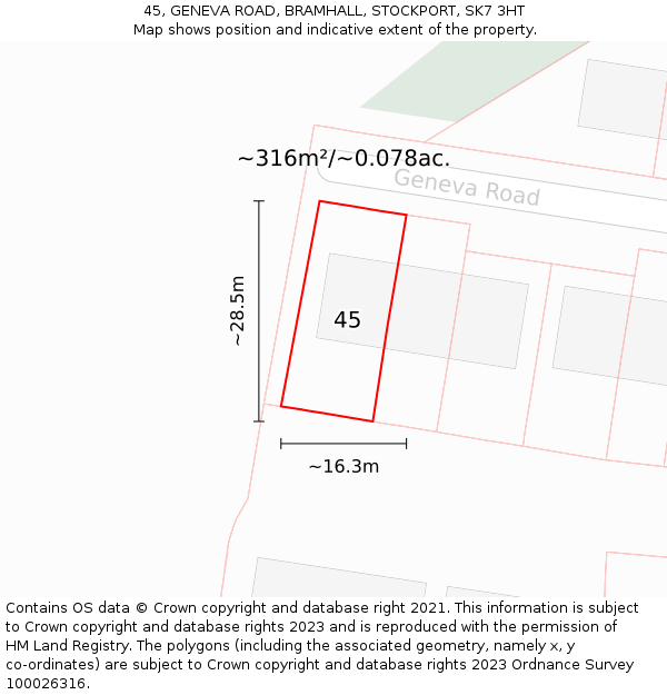 45, GENEVA ROAD, BRAMHALL, STOCKPORT, SK7 3HT: Plot and title map