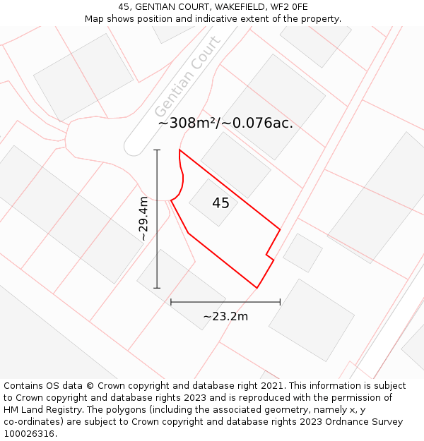 45, GENTIAN COURT, WAKEFIELD, WF2 0FE: Plot and title map