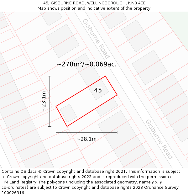 45, GISBURNE ROAD, WELLINGBOROUGH, NN8 4EE: Plot and title map