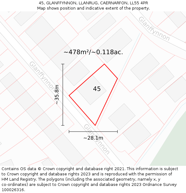 45, GLANFFYNNON, LLANRUG, CAERNARFON, LL55 4PR: Plot and title map