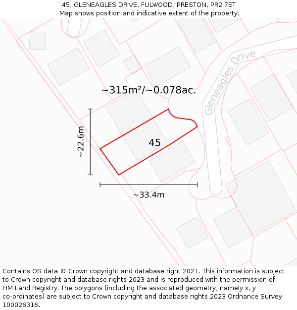 45, GLENEAGLES DRIVE, FULWOOD, PRESTON, PR2 7ET: Plot and title map