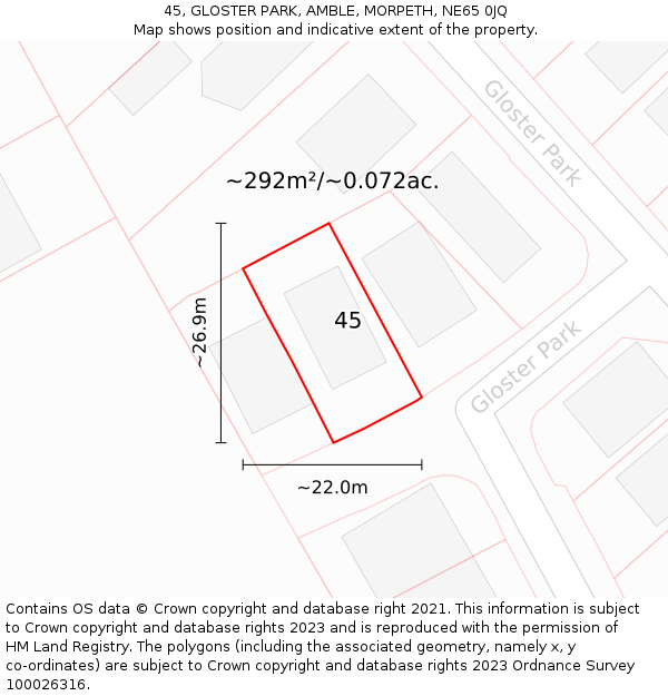 45, GLOSTER PARK, AMBLE, MORPETH, NE65 0JQ: Plot and title map