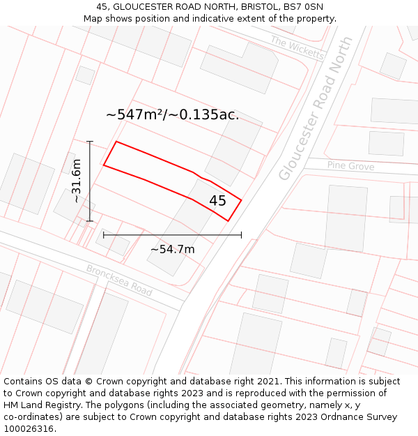 45, GLOUCESTER ROAD NORTH, BRISTOL, BS7 0SN: Plot and title map