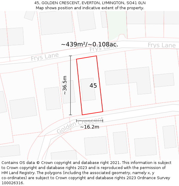 45, GOLDEN CRESCENT, EVERTON, LYMINGTON, SO41 0LN: Plot and title map