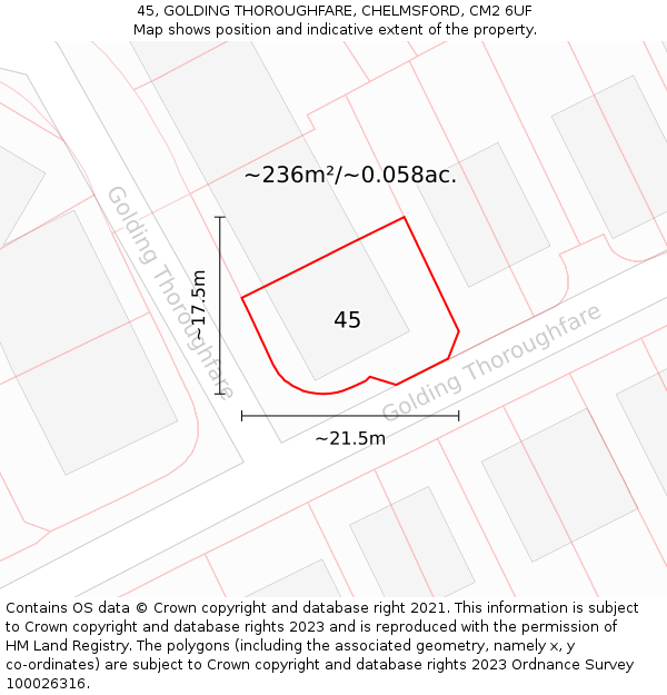 45, GOLDING THOROUGHFARE, CHELMSFORD, CM2 6UF: Plot and title map