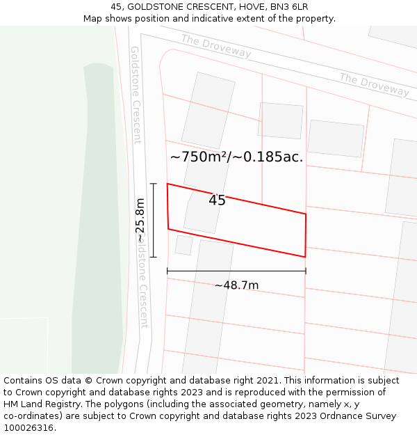 45, GOLDSTONE CRESCENT, HOVE, BN3 6LR: Plot and title map