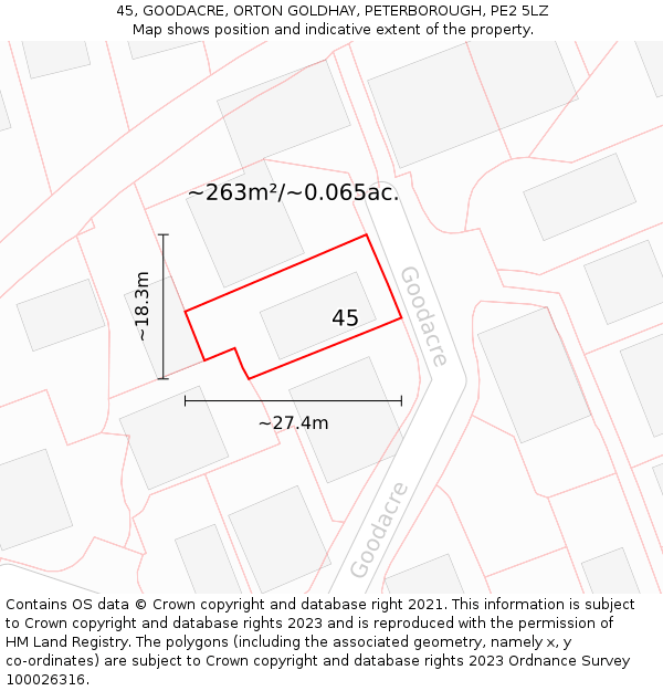 45, GOODACRE, ORTON GOLDHAY, PETERBOROUGH, PE2 5LZ: Plot and title map