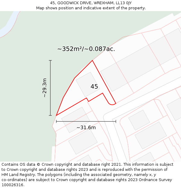 45, GOODWICK DRIVE, WREXHAM, LL13 0JY: Plot and title map