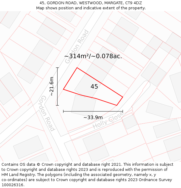 45, GORDON ROAD, WESTWOOD, MARGATE, CT9 4DZ: Plot and title map