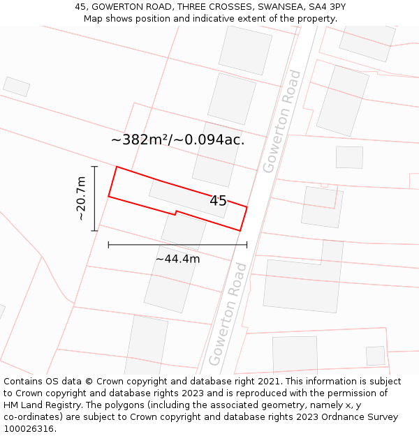 45, GOWERTON ROAD, THREE CROSSES, SWANSEA, SA4 3PY: Plot and title map