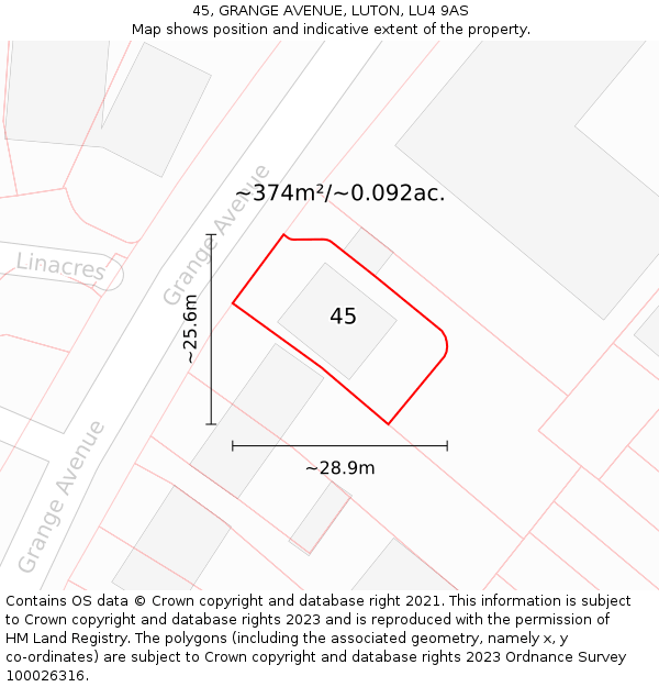 45, GRANGE AVENUE, LUTON, LU4 9AS: Plot and title map