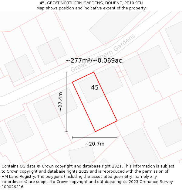 45, GREAT NORTHERN GARDENS, BOURNE, PE10 9EH: Plot and title map