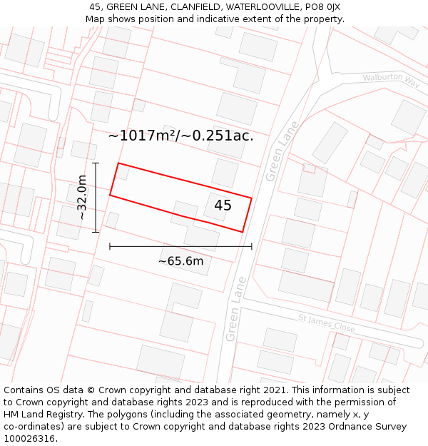 45, GREEN LANE, CLANFIELD, WATERLOOVILLE, PO8 0JX: Plot and title map