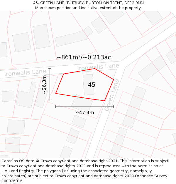 45, GREEN LANE, TUTBURY, BURTON-ON-TRENT, DE13 9NN: Plot and title map