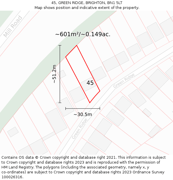 45, GREEN RIDGE, BRIGHTON, BN1 5LT: Plot and title map