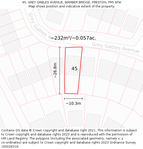 45, GREY GABLES AVENUE, BAMBER BRIDGE, PRESTON, PR5 6FW: Plot and title map