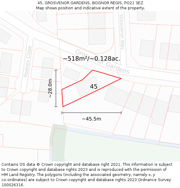 45, GROSVENOR GARDENS, BOGNOR REGIS, PO21 3EZ: Plot and title map