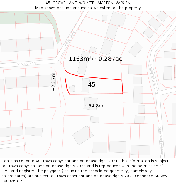 45, GROVE LANE, WOLVERHAMPTON, WV6 8NJ: Plot and title map