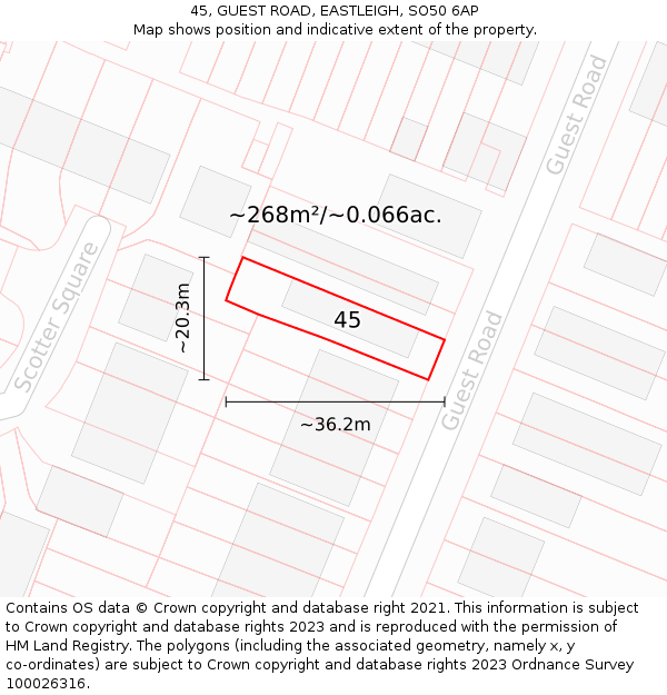 45, GUEST ROAD, EASTLEIGH, SO50 6AP: Plot and title map