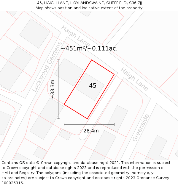 45, HAIGH LANE, HOYLANDSWAINE, SHEFFIELD, S36 7JJ: Plot and title map