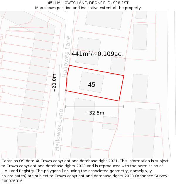 45, HALLOWES LANE, DRONFIELD, S18 1ST: Plot and title map