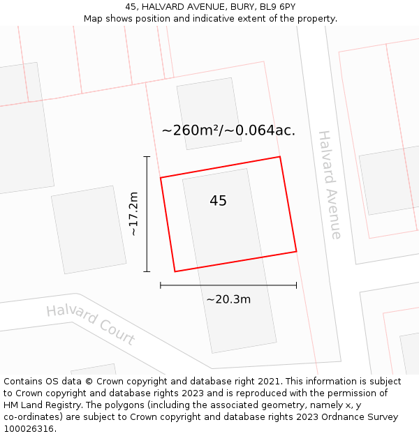 45, HALVARD AVENUE, BURY, BL9 6PY: Plot and title map