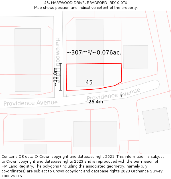 45, HAREWOOD DRIVE, BRADFORD, BD10 0TX: Plot and title map