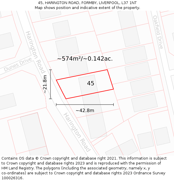 45, HARINGTON ROAD, FORMBY, LIVERPOOL, L37 1NT: Plot and title map