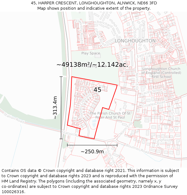 45, HARPER CRESCENT, LONGHOUGHTON, ALNWICK, NE66 3FD: Plot and title map