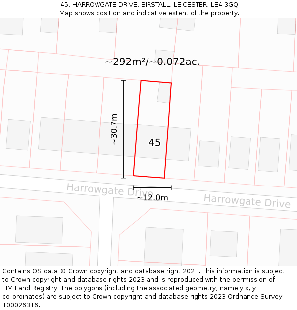 45, HARROWGATE DRIVE, BIRSTALL, LEICESTER, LE4 3GQ: Plot and title map