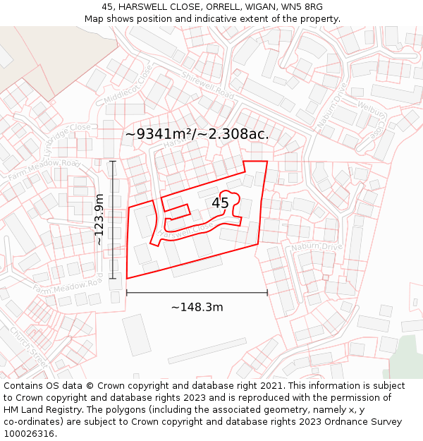 45, HARSWELL CLOSE, ORRELL, WIGAN, WN5 8RG: Plot and title map