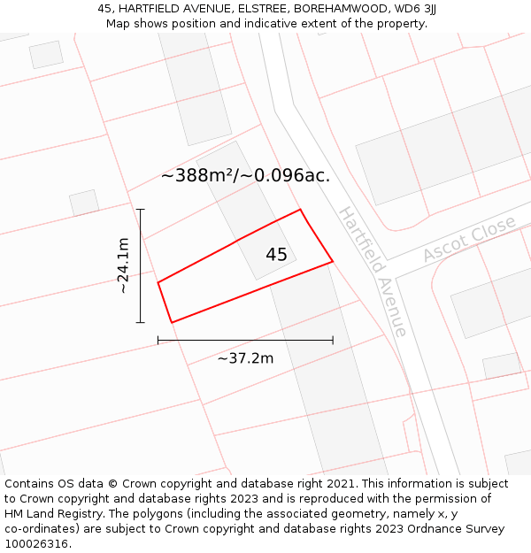 45, HARTFIELD AVENUE, ELSTREE, BOREHAMWOOD, WD6 3JJ: Plot and title map