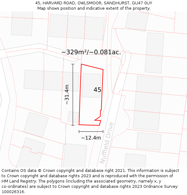 45, HARVARD ROAD, OWLSMOOR, SANDHURST, GU47 0UY: Plot and title map