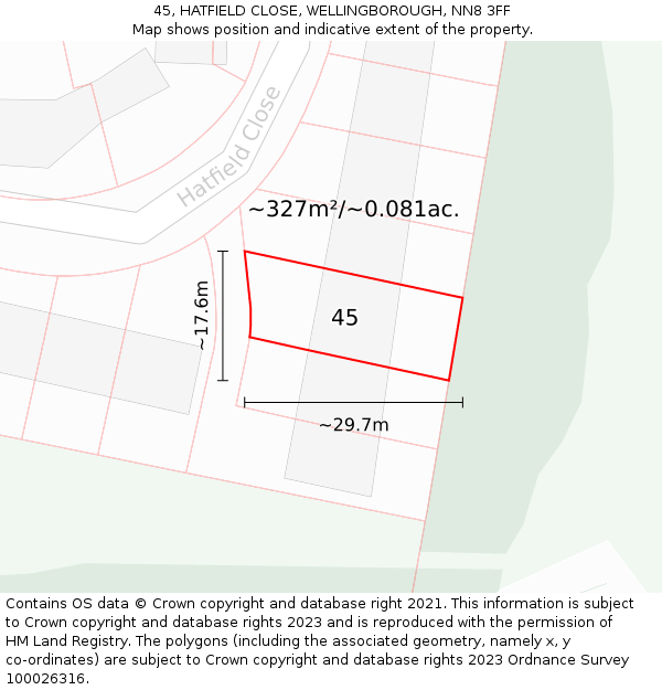 45, HATFIELD CLOSE, WELLINGBOROUGH, NN8 3FF: Plot and title map