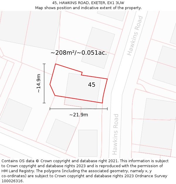 45, HAWKINS ROAD, EXETER, EX1 3UW: Plot and title map