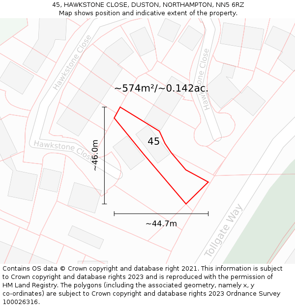 45, HAWKSTONE CLOSE, DUSTON, NORTHAMPTON, NN5 6RZ: Plot and title map