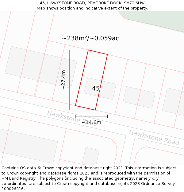 45, HAWKSTONE ROAD, PEMBROKE DOCK, SA72 6HW: Plot and title map