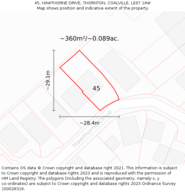 45, HAWTHORNE DRIVE, THORNTON, COALVILLE, LE67 1AW: Plot and title map