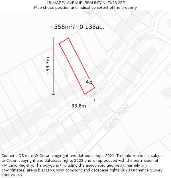 45, HAZEL AVENUE, BRAUNTON, EX33 2EZ: Plot and title map