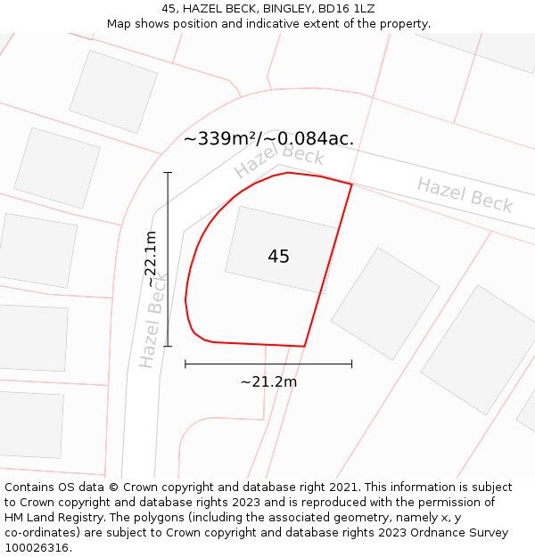 45, HAZEL BECK, BINGLEY, BD16 1LZ: Plot and title map