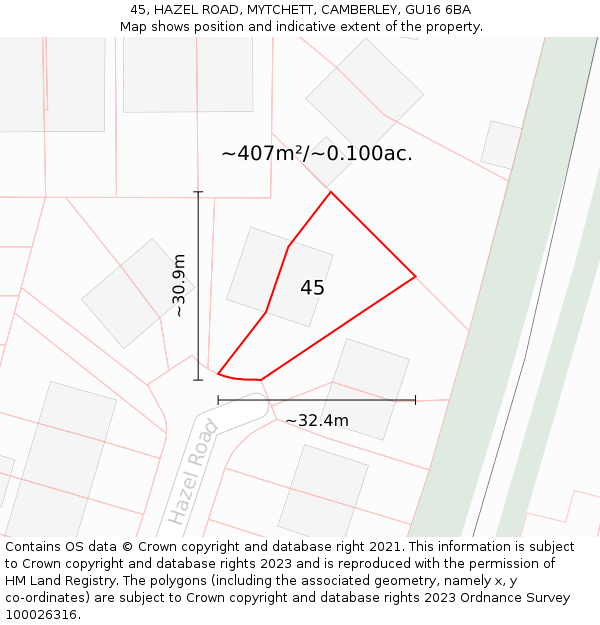 45, HAZEL ROAD, MYTCHETT, CAMBERLEY, GU16 6BA: Plot and title map