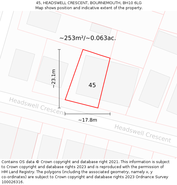 45, HEADSWELL CRESCENT, BOURNEMOUTH, BH10 6LG: Plot and title map