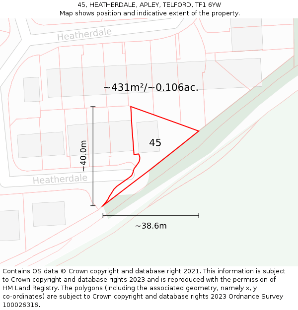 45, HEATHERDALE, APLEY, TELFORD, TF1 6YW: Plot and title map