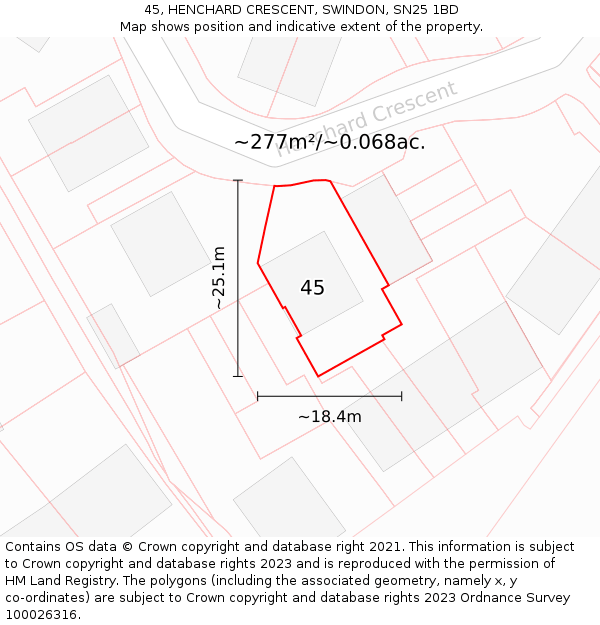 45, HENCHARD CRESCENT, SWINDON, SN25 1BD: Plot and title map