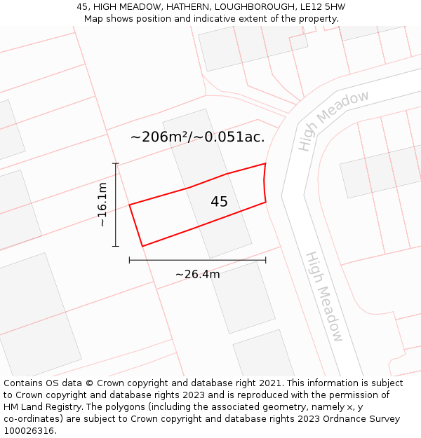 45, HIGH MEADOW, HATHERN, LOUGHBOROUGH, LE12 5HW: Plot and title map