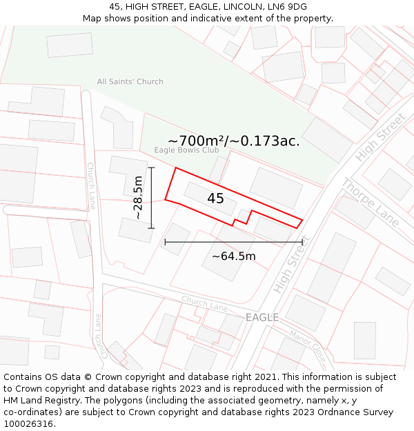 45, HIGH STREET, EAGLE, LINCOLN, LN6 9DG: Plot and title map