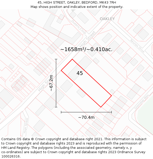 45, HIGH STREET, OAKLEY, BEDFORD, MK43 7RH: Plot and title map