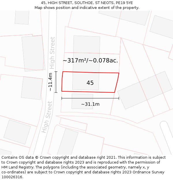 45, HIGH STREET, SOUTHOE, ST NEOTS, PE19 5YE: Plot and title map